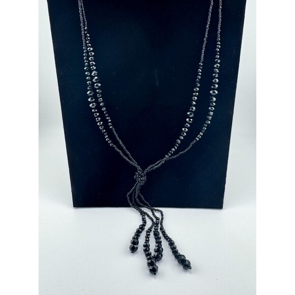 Vintage Black Beaded Layered Necklace Tassel Lariat Monochromatic Retro - Picture 9 of 11